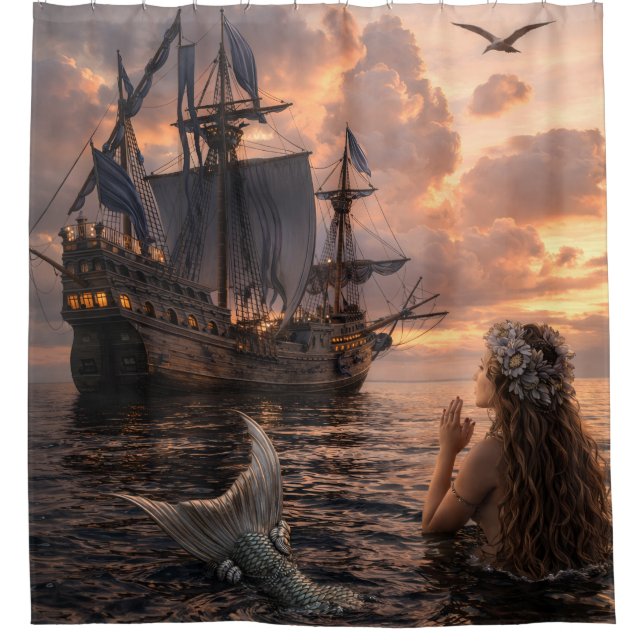 Rideaux De Douche Sirène regardant un navire à voiles (Devant)