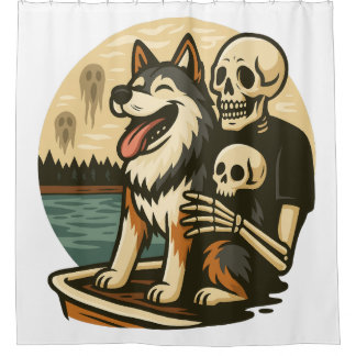 Rideaux De Douche Skeleton with Dog on Haunted Lake Horror Art
