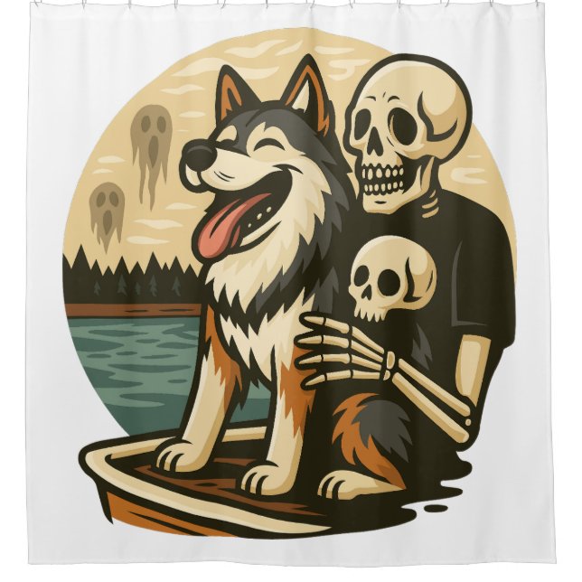 Rideaux De Douche Skeleton with Dog on Haunted Lake Horror Art (Devant)