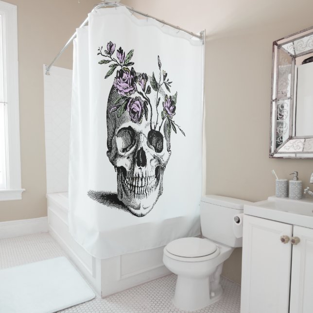 Rideaux De Douche Skull and Pink FLowers (En situation)