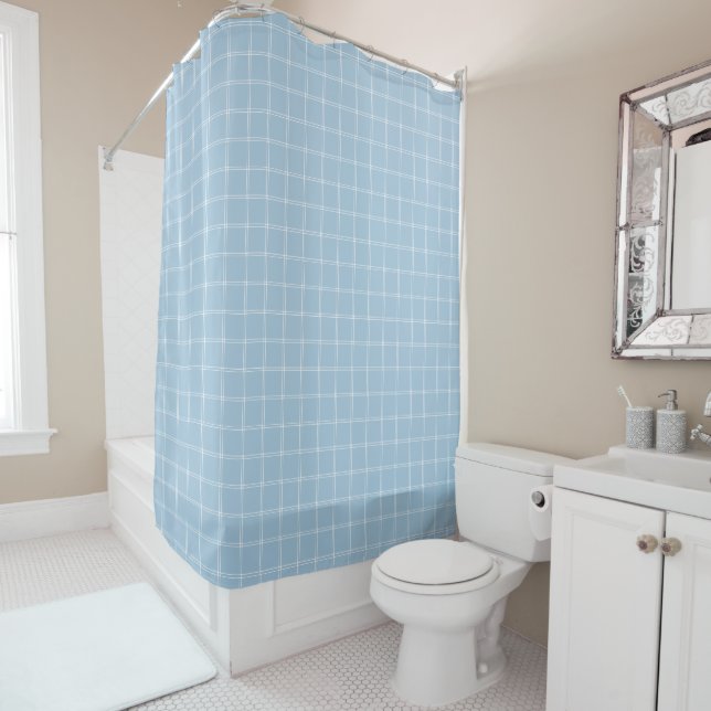 Rideaux De Douche Sky Blue and White Windowpane Check (En situation)