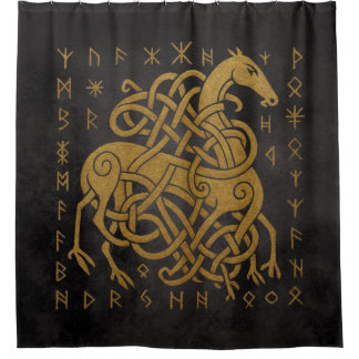 Rideaux De Douche Sleipnir, Cheval doré nordique avec symbole de run
