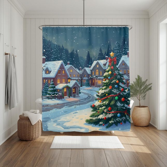 Rideaux De Douche Snowy Christmas Village Holiday Shower Curtain (Créateur téléchargé)
