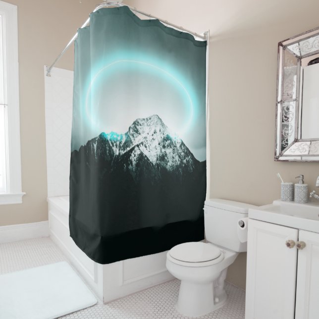 Rideaux De Douche Snowy mountain mysterious blue neon light (En situation)