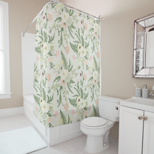 Rideaux De Douche Soft Mint Green Garden Motif (En situation)