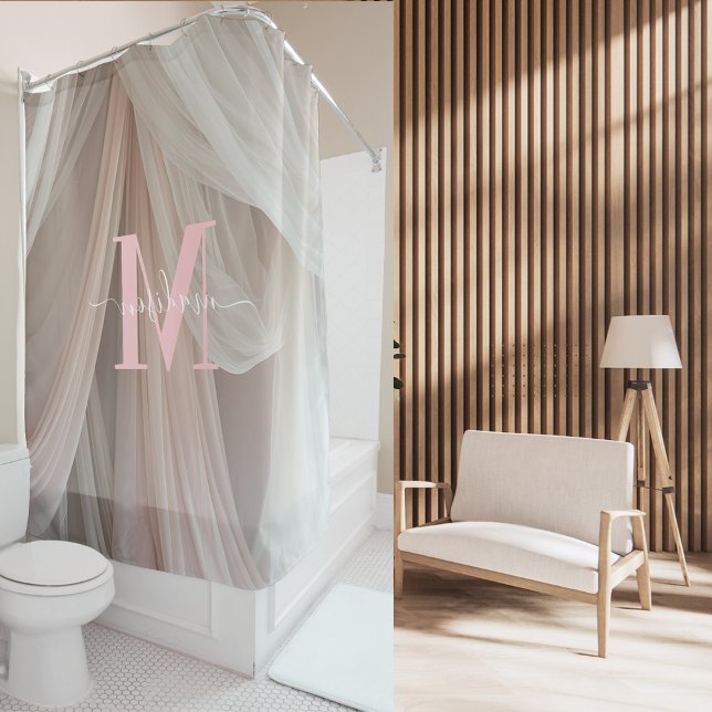 Rideaux De Douche Soie Blanche Monogramme Rose Écriture Élégante Mar (Créateur téléchargé)