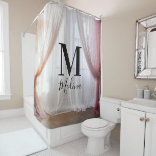 Rideaux De Douche Soie Rose Blanche Monogramme Écriture Mignonne Mar