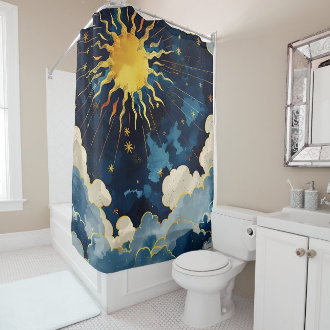 Rideaux De Douche Soleil céleste moderne, étoiles et nuages bleus (En situation)