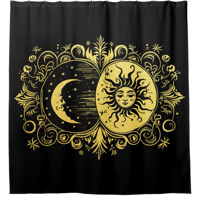 Rideaux De Douche Soleil et Lune mystiques en or (Devant)