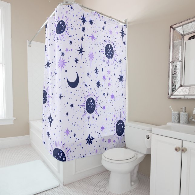 Rideaux De Douche Soleil Lune Étoiles Célestes Noir et Violet (En situation)