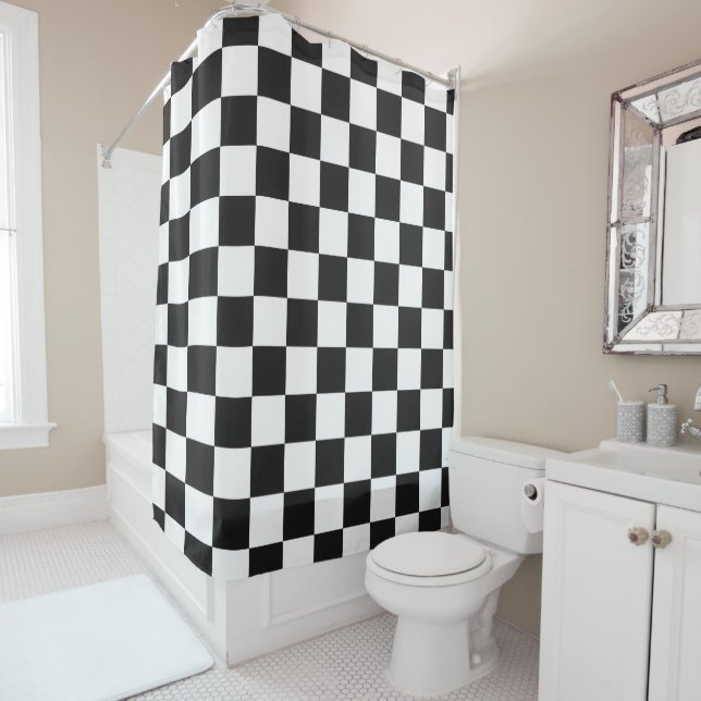 Rideaux De Douche Sophisticated Black & White Checkered Modern  (En situation)
