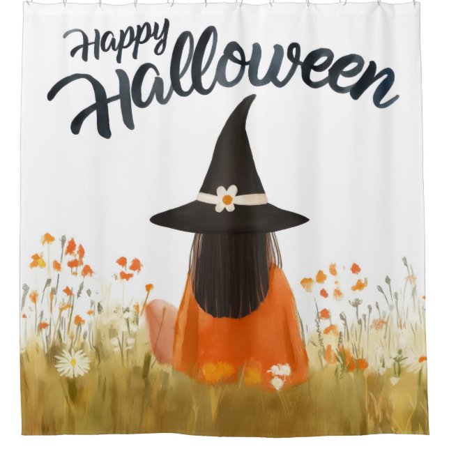 Rideaux De Douche Sorcière d'Halloween dans un champ de fleurs (Devant)