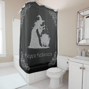 Rideaux De Douche Sorcière en argent et Halloween Cauldron