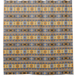 Rideaux De Douche Southwest Design Gold Blue Grey Tribal Motif