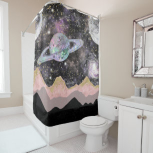 Rideaux De Douche Space Mountains Gold Starry Sky Galaxy Planètes