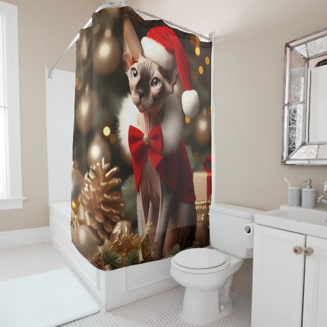 Rideaux De Douche Sphynx Chat Santa Hat Noël (En situation)