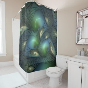 Rideaux De Douche Spirales Vert sarcelle Beige Art Fractal Abstrait