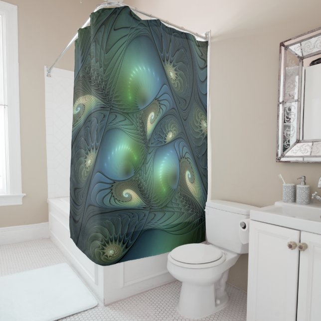 Rideaux De Douche Spirales Vert sarcelle Beige Art Fractal Abstrait (En situation)