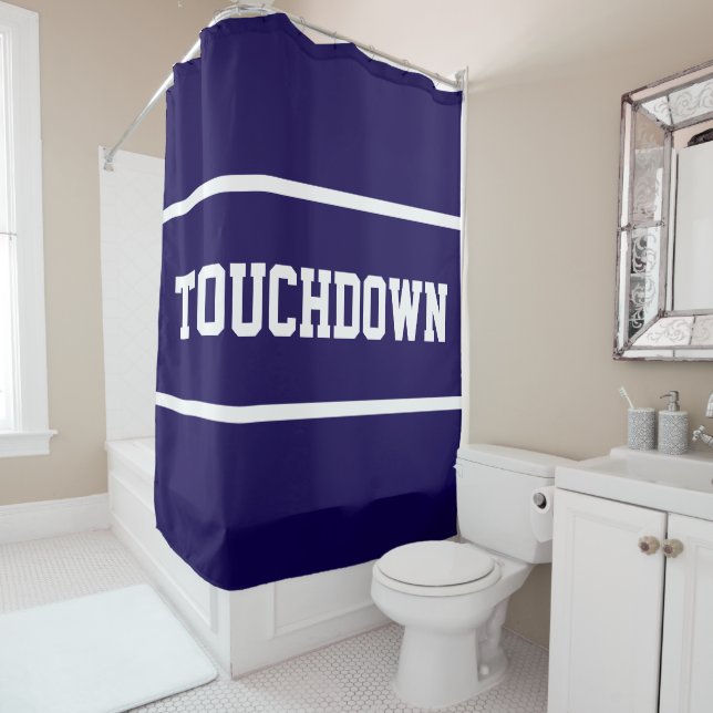 Rideaux De Douche Sporty Deep Navy Blue TOUCHDOWN Textes Rayures Bla (En situation)