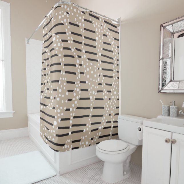 Rideaux De Douche Spots et bandes 2 - Taupe, Noir et Blanc (En situation)