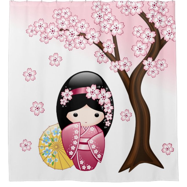 Rideaux De Douche Spring Kokeshi Doll mignonne Japonaise Geisha Girl (Devant)