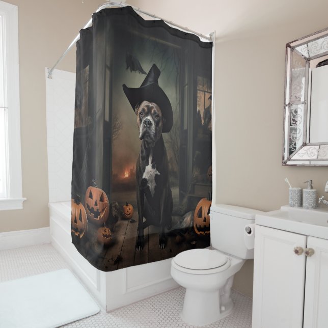 Rideaux De Douche Staffordshire Terrier Citrouilles Halloween effray (En situation)