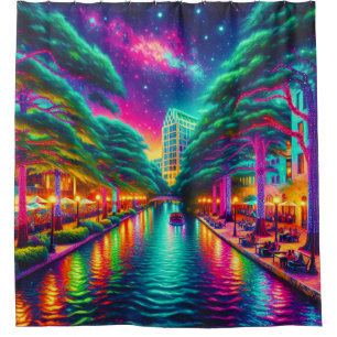 Rideaux De Douche "Starry Aurora : San Antonio Riverwalk Nightscape"