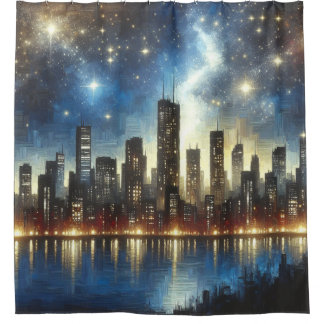 Rideaux De Douche "Starry Night Cityscape Reflections"