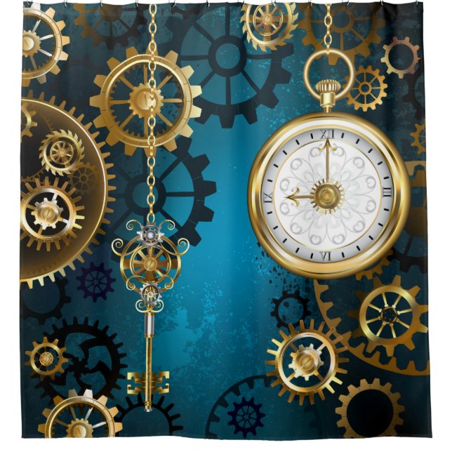 Rideaux De Douche Steampunk Arrière - plan turquoise avec Gears (Devant)