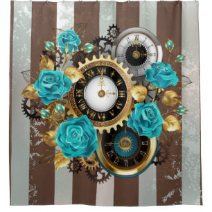 Rideaux De Douche Steampunk Clock and Turquoise Roses on Striped