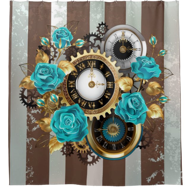 Rideaux De Douche Steampunk Clock and Turquoise Roses on Striped (Devant)
