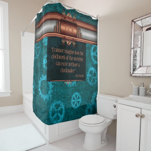 Rideaux De Douche Steampunk, cuivre sur roues turquoises, Monogramme (En situation)