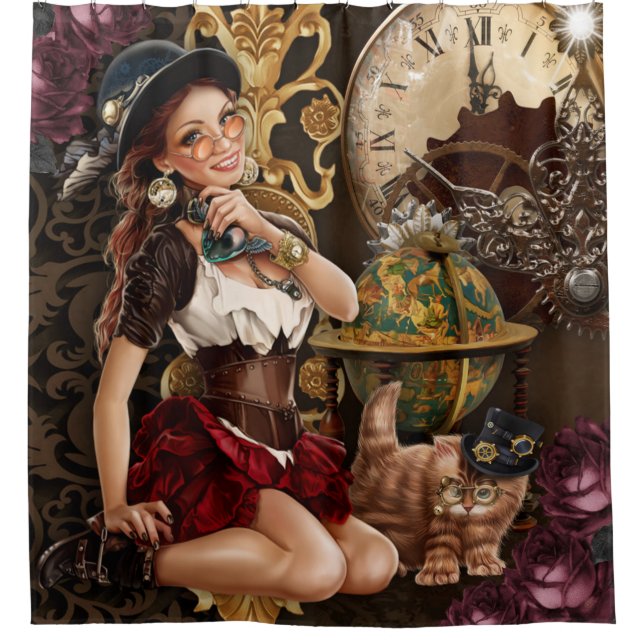Rideaux De Douche Steampunk Girl Horloge et chat  (Devant)