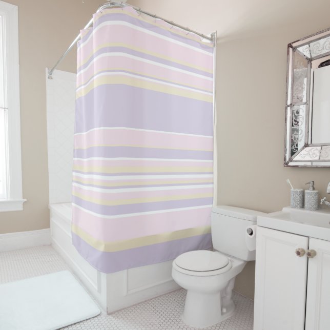 Rideaux De Douche Stripes complexes - rose pastel, jaune et violet (En situation)
