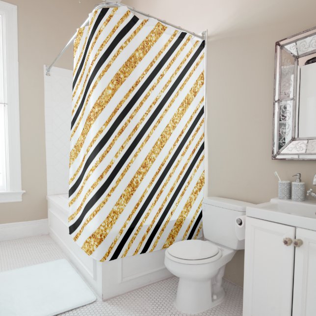 Rideaux De Douche Stripes Gold Parties scintillant Black Boho Popula (En situation)
