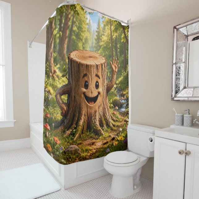 Rideaux De Douche Stumpy la souche d'arbre amicale, forêt enchantée  (En situation)