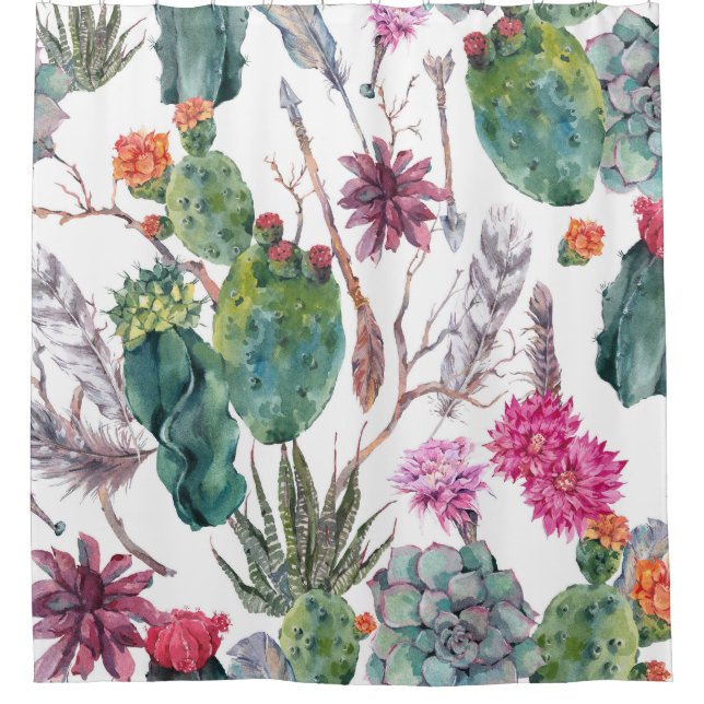 Rideaux De Douche Style Boho, Aquarelle Vintage Cactus. (Devant)