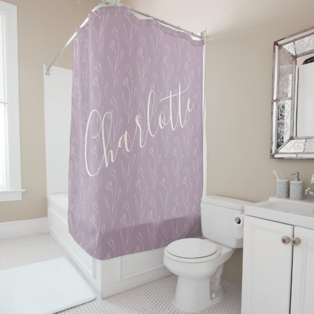 Rideaux De Douche Style Floral Line Art Personnalisé Dusty Lilac (En situation)