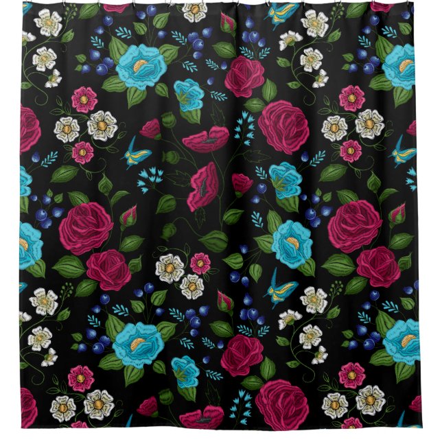 Rideaux De Douche Style folk brodé rose bleu floral noir (Devant)