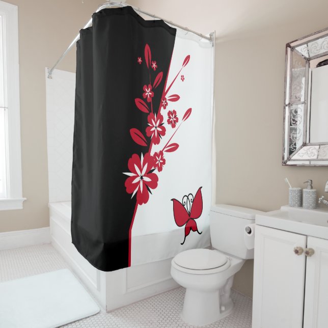 Rideaux De Douche Style moderne Noir Blanc Bleu Bouton Rouge Floral (En situation)