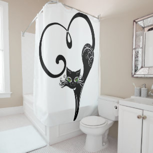 Rideaux De Douche Stylisé Chat Coeur Noir