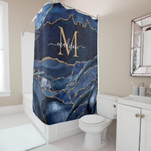 Rideaux De Douche Stylo Marine Blue Gold Agate Géode Chic Monogramme
