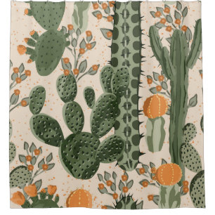 Rideaux De Douche Succulents verts, fleurs oranges, papier peint de