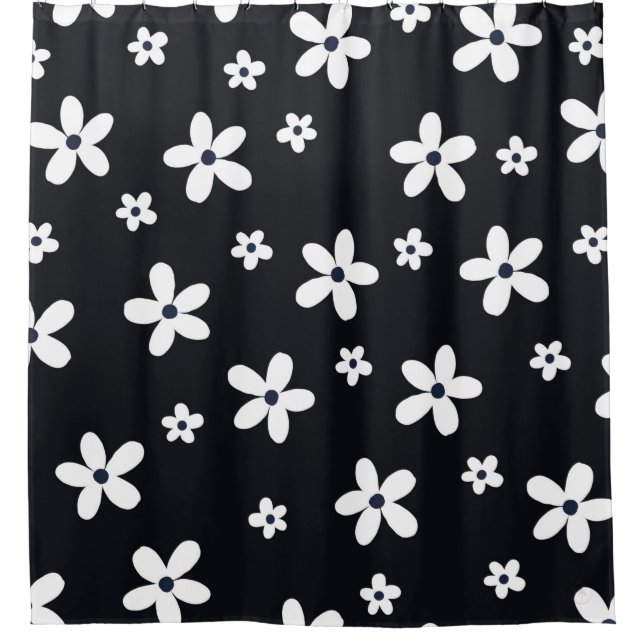 Rideaux De Douche Summer Boho Black White Daisy Flowers (Devant)