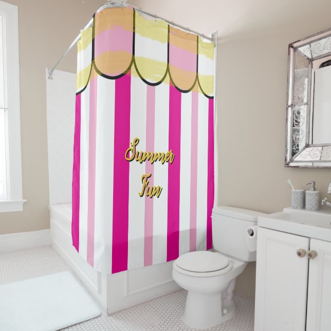 Rideaux De Douche Summer Cabana Pink White Yellow Stripes (En situation)