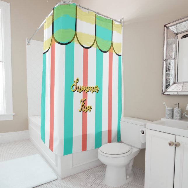 Rideaux De Douche Summer Cabana Turquoise Coral Yellow Stripes (En situation)