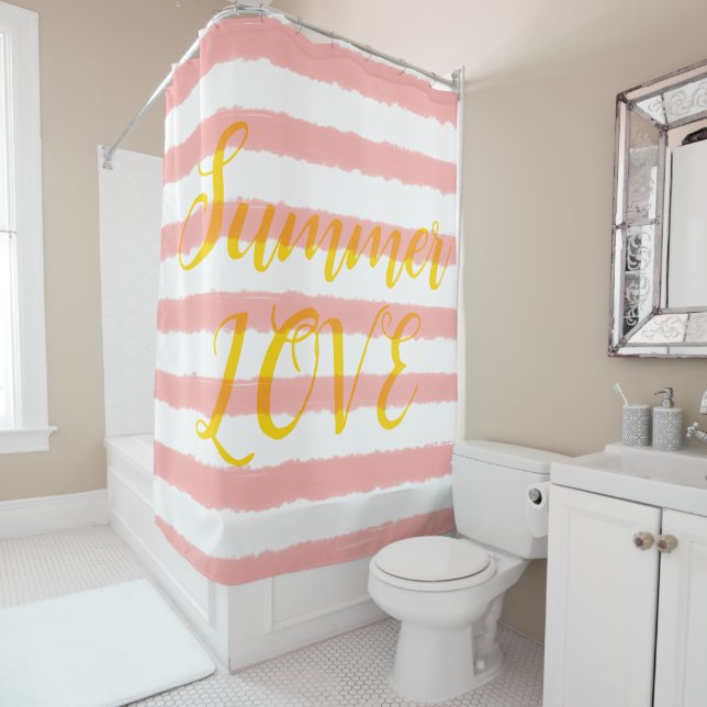 Rideaux De Douche Summer Love Pastel Rose White Stripes (En situation)