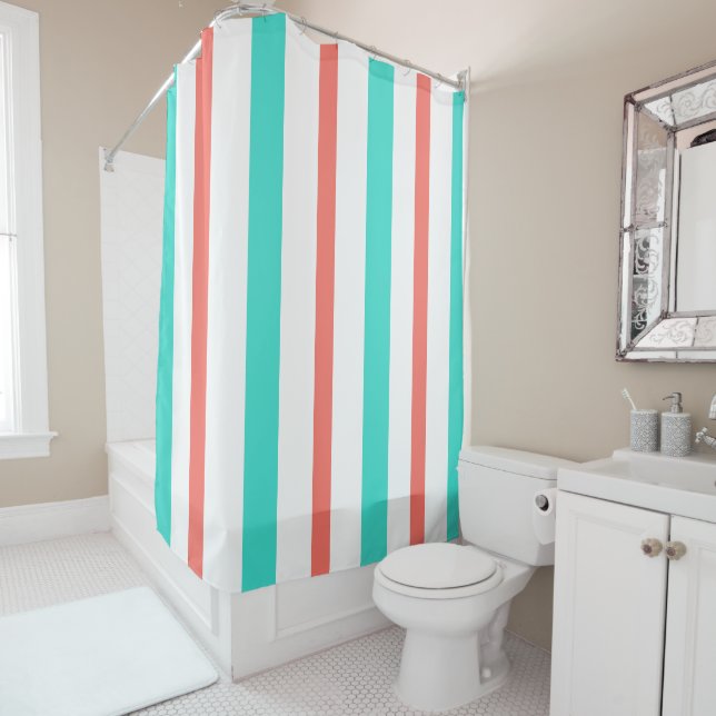 Rideaux De Douche Summer Turquoise Coral White Vertical Stripes (En situation)
