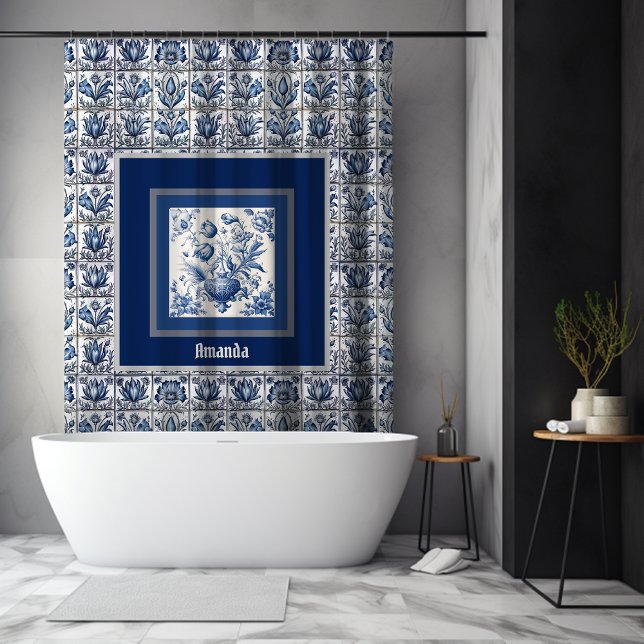 Rideaux De Douche Superbe monogramme floral Bleu toile de jouy (Créateur téléchargé)