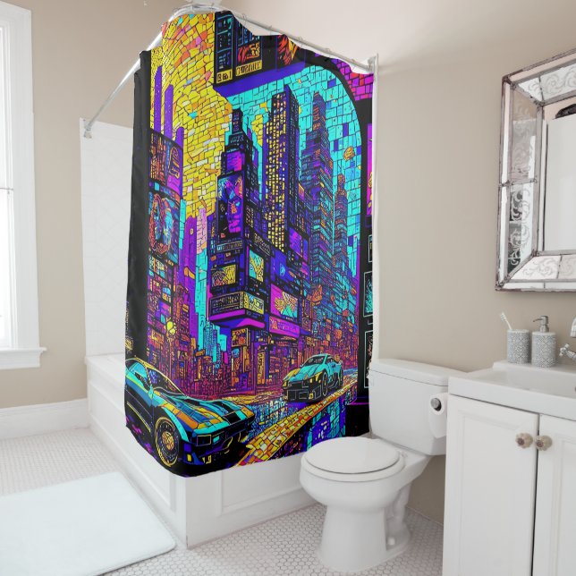 Rideaux De Douche Superbe Mosaïque Vitrail Neon Cyberpunk City (En situation)